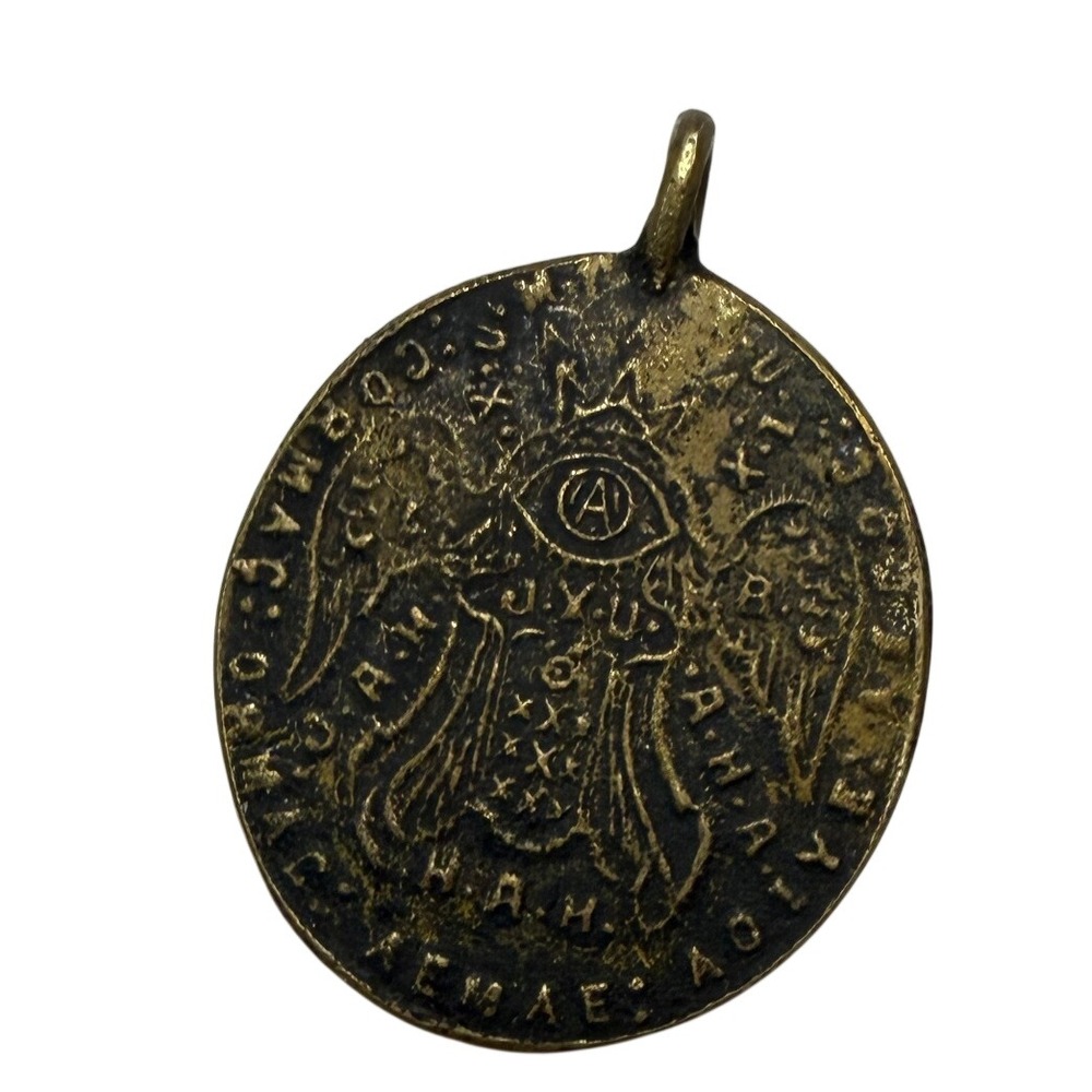 Vintage Religious Angel Medallion All Seeing Eye Brass Tone Pendant